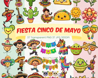 Fiesta Cinco De Mayo PNG Bundle Cute Colorful Mexican Style Fiesta Clipart Bundle Papel Picado Pinata Cacti Maracas Balloon Sombrero Hat PNG
