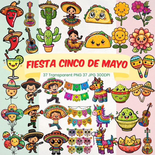 Fiesta Cinco De Mayo PNG Bundle Cute Colorful Mexican Style Fiesta Clipart Bundle Papel Picado Pinata Cacti Maracas Balloon Sombrero Hat PNG