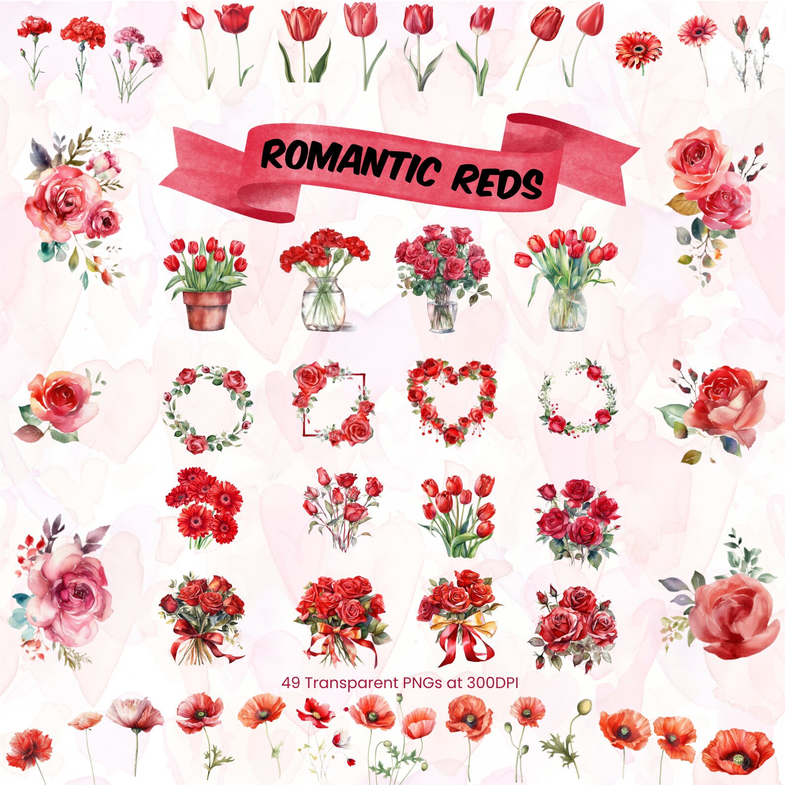 Watercolor Red Flowers Clipart Floral Printable Transparent PNG Bundle ...