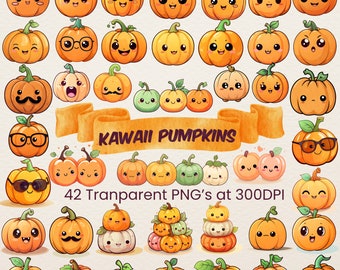 Kawaii Pumpkins Cute Halloween PNG Bundle Clipart Pumpkin Faces Downloadable Clipart Pumpkins Bundle Kawaii PNG Printable Art Kawaii Designs