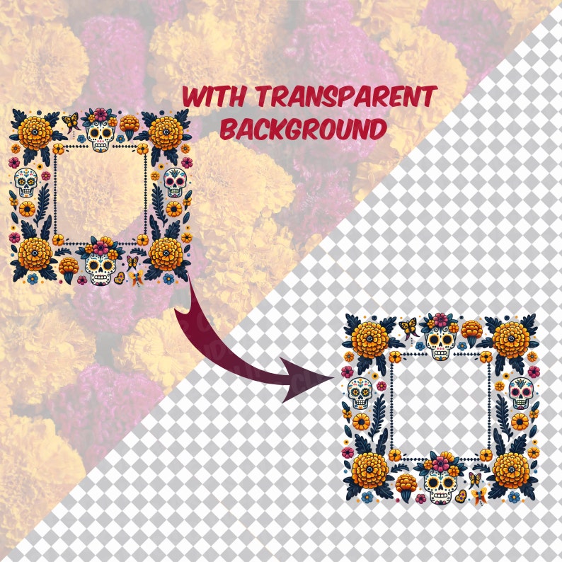 Cute Day Of The Dead Floral Frame Clipart Bundle Dia De Los Muertos Flower Frame PNG Traditional Mexican Halloween Frame Flower Border Frame image 8
