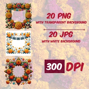 Cute Day Of The Dead Floral Frame Clipart Bundle Dia De Los Muertos Flower Frame PNG Traditional Mexican Halloween Frame Flower Border Frame image 6