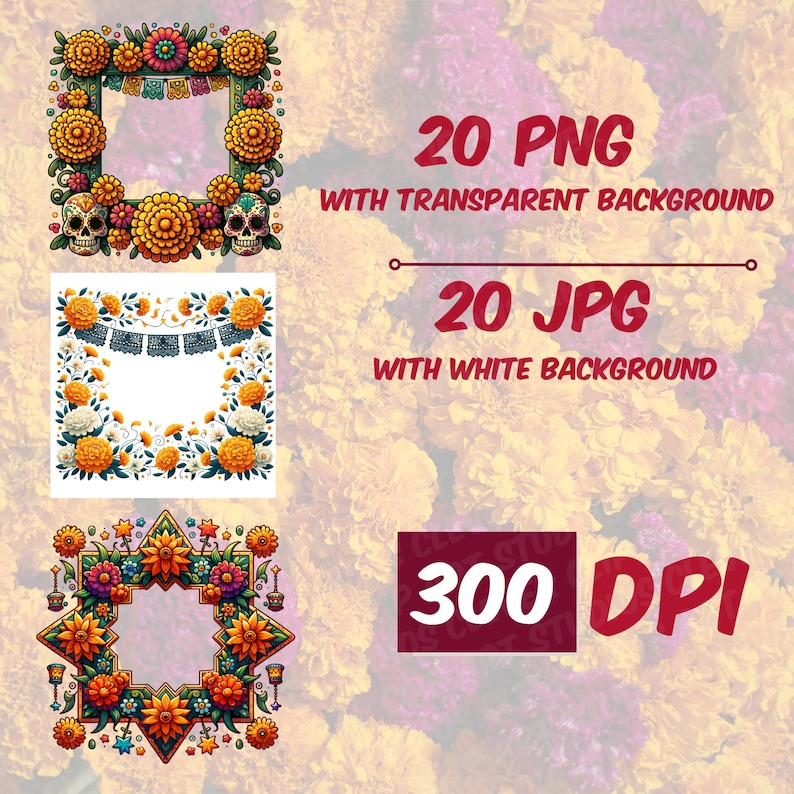 Cute Day Of The Dead Floral Frame Clipart Bundle Dia De Los Muertos Flower Frame PNG Traditional Mexican Halloween Frame Flower Border Frame image 6