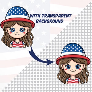May include: A cartoon illustration of a girl with long brown hair wearing a red, white, and blue hat with stars and stripes. She is wearing a red and white striped shirt. The image has a transparent background.