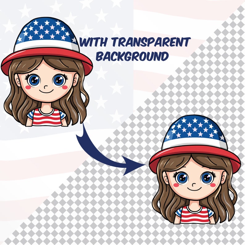 May include: A cartoon illustration of a girl with long brown hair wearing a red, white, and blue hat with stars and stripes. She is wearing a red and white striped shirt. The image has a transparent background.