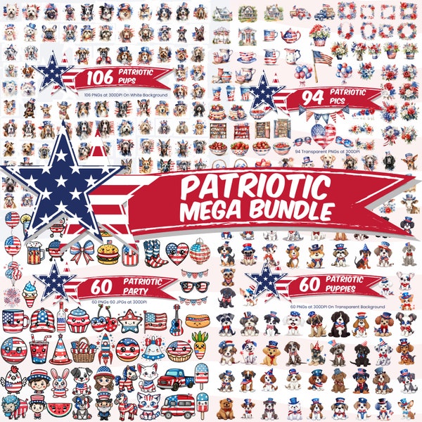 Cute Patriotic 4th July Clipart Mega Bundle USA Independence Day PNG Megabundle American Clipart Cute Kawaii Download Free Commercial Use