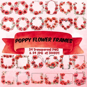Bundle de cliparts de cadres floraux coquelicots aquarelle couronne de coquelicots rouges Clipart souvenir cadre ovale carré coeur en forme d'hexagone cadre PNG coquelicot