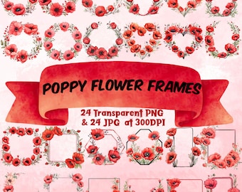 Poppy Floral Frames Clipart Bundle Watercolor Red Poppies Wreath Clipart Remembrance Frame Oval Square Heart Hexagon Shaped Frame PNG Poppy
