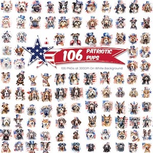 Cuccioli patriottici, cani patriottici, cani acquerello, pacchetto PNG del 4 luglio, png del Giorno dell'Indipendenza, png patriottico, cani carini, design a sublimazione