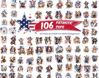 Patriotic Pups, Patriotic Dogs, Watercolor Dogs, 4th of July PNG Bundle, Independence Day png, Patriotic png, Cute Dogs, Sublimation Design