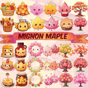 かわいいカエデの葉のクリップアートバンドル かわいい秋のカエデの葉 かわいい秋のPNGカエデの木のクリップアート 楽しい感謝祭のPNGバンドル 秋のメープルシロップ