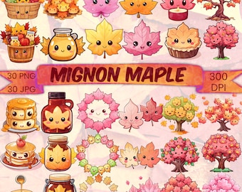 Cute Maple Leaves Clipart Bundle Kawaii Autumn Maple Leaf Cute Fall PNG Maple Tree Clipart Fun Thanksgiving PNG Bundle Autumnal Maple Syrup