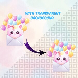 May include: A pink cartoon cat with a yellow bow in its hair is inside a white envelope. The cat is surrounded by colourful balloons, including yellow, pink, and blue.