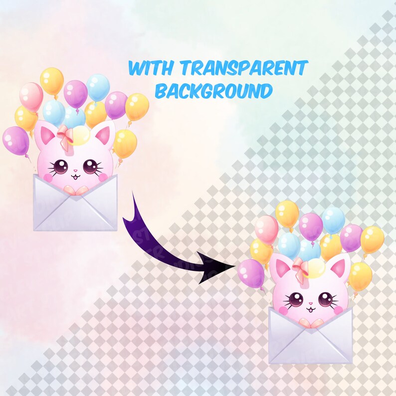 May include: A pink cartoon cat with a yellow bow in its hair is inside a white envelope. The cat is surrounded by colourful balloons, including yellow, pink, and blue.