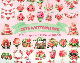 Cute Watermelon Kawaii Clipart Watercolor Water Melon PNG Kawaii Fruit Clipart Summer Vibes Pastel Colored  Watermelon Bundle Printable Pack