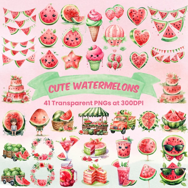 Cute Watermelon Kawaii Clipart Watercolor Water Melon PNG Kawaii Fruit Clipart Summer Vibes Pastel Colored  Watermelon Bundle Printable Pack