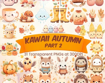May include: A set of 31 digital illustrations featuring cute cartoon characters and objects in autumnal colours. The illustrations include animals, food, and nature elements. The text "Kawaii Autumn Part 2" and "31 Transparent PNGs at 300DPI" are also included.