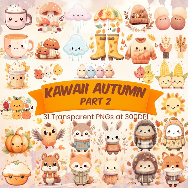 Kawaii Autumn Cute Fall Clipart Bundle Autumnal Vibe Transparent PNG Bundle Hello Autumn Aesthetic Kawaii Woodland Animal Printable Download