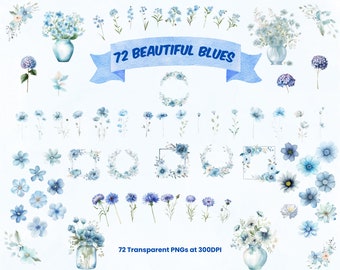 Beautiful Blue Watercolor Flowers Clipart Bundle PNG Floral Clipart Illustration Bundle Instant Download Mothers Day Digital PNG Stickers