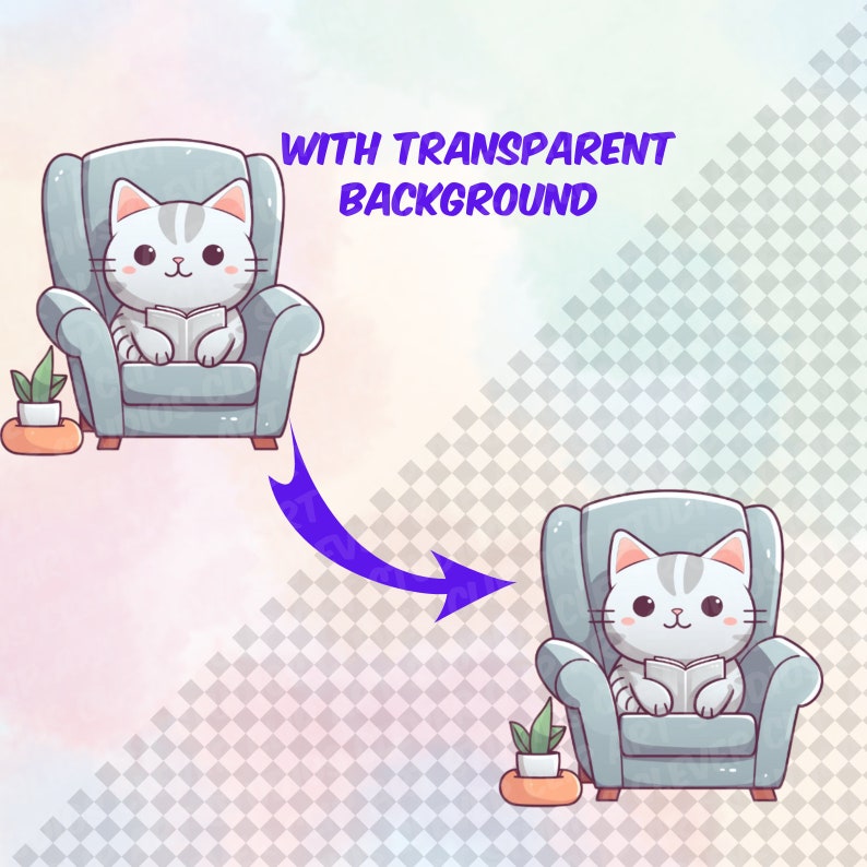 May include: A cartoon illustration of a gray and white cat sitting in a blue armchair and reading a book. The cat has a pink nose and a white stripe on its forehead. The armchair has a light blue fabric and a wooden base. The background is a light blue and pink watercolor wash.