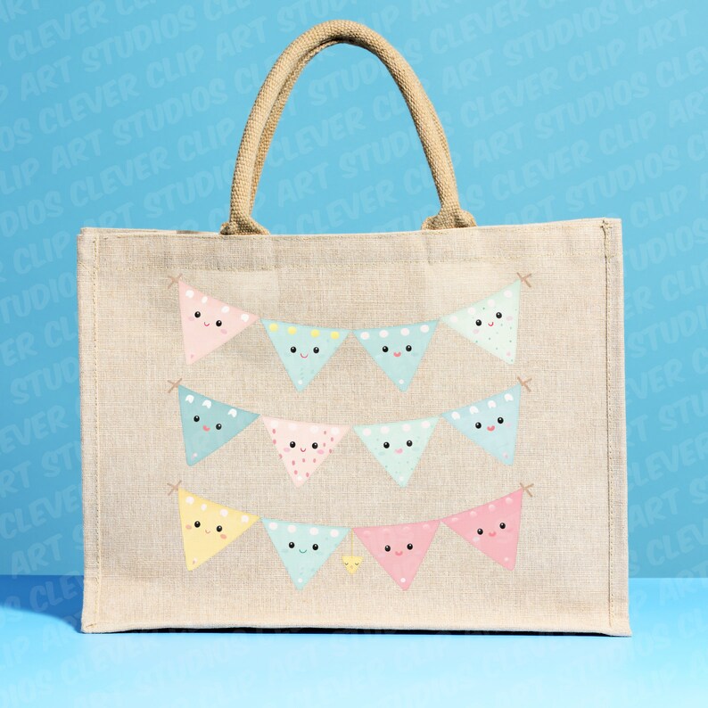 May include: A beige tote bag featuring a design of colourful bunting flags with smiling faces. The bunting is made of pink, blue, yellow, and green triangles with white polka dots.