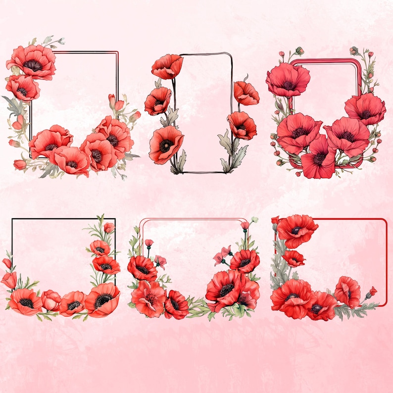 Poppy Floral Frames Clipart Bundle Watercolor Red Poppies Wreath ...