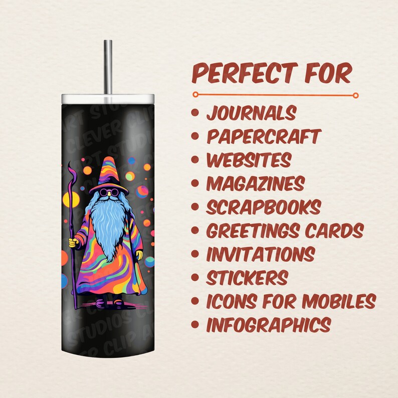 Puede incluir: Un vaso negro y blanco con un gr&aacute;fico de mago psicod&eacute;lico colorido. El texto "PERFECT FOR" se enumera con una lista de vi&ntilde;etas de usos para el gr&aacute;fico, que incluyen diarios, manualidades en papel, sitios web, revistas, &aacute;lbumes de recortes, tarjetas de felicitaci&oacute;n, invitaciones, pegatinas, iconos para m&oacute;viles e infograf&iacute;as.