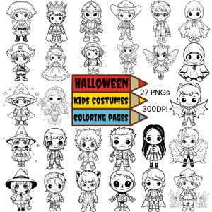 May include: A set of 27 black and white coloring pages featuring kids dressed in various Halloween costumes. The pages are 300 DPI and include costumes like a pirate, a princess, a witch, a werewolf, a vampire, a skeleton, and more.