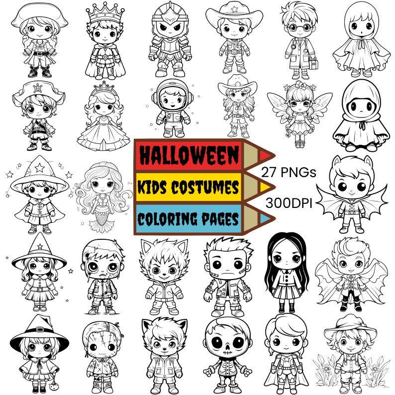 May include: A set of 27 black and white coloring pages featuring kids dressed in various Halloween costumes. The pages are 300 DPI and include costumes like a pirate, a princess, a witch, a werewolf, a vampire, a skeleton, and more.