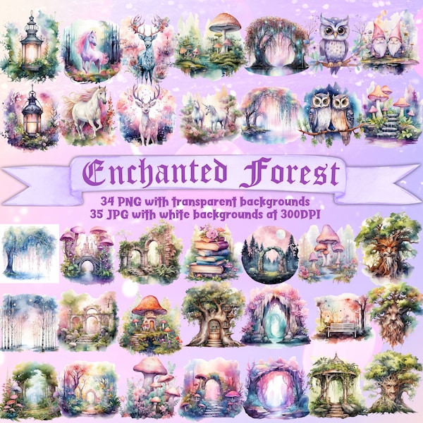 Watercolor Enchanted Forest Clipart Bundle Magical Mushroom Forest Printable Watercolor Magic Forest Theme Enchanted Clipart Magic Woods PNG