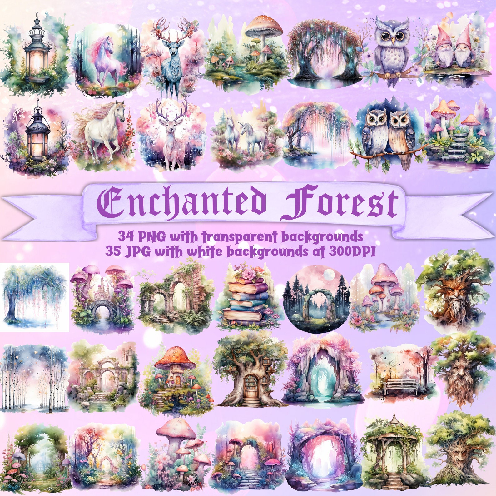Watercolor Enchanted Forest Clipart Bundle Magical Mushroom Forest ...
