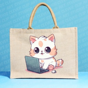 May include: A beige tote bag with a cute cartoon cat using a laptop computer. The cat is white with orange ears and spots. The bag has a brown handle.