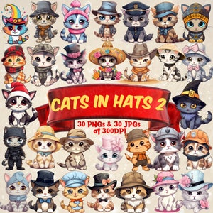 May include: A collection of 30 digital illustrations of cats wearing various hats. The cats are in different poses and have different expressions. The hats are a variety of styles, including cowboy hats, baseball caps, and top hats. The text "CATS IN HATS 2" is displayed in a red banner at the top of the image. The text "30 PNGs & 30 JPGs at 300DPI" is displayed below the banner.