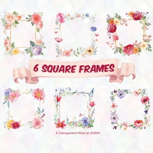 Cornice floreale quadrata, acquerello floreale, botanico clipart Wildflower PNG, download digitale, illustrazioni a sublimazione per progetti di artigianato, matrimonio