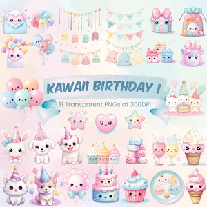Pastell Kawaii Geburtstag Clipart Niedliche Kawaii PNG Bundle Kawaii Geburtstag Luftballons Wimpelkette Kuchen Clipart Kawaii Kitty Niedlichen Welpen PNG
