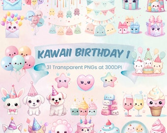 Pastel Kawaii Birthday Clipart Cute Kawaii PNG Bundle Kawaii Downloadable Birthday Balloons Bunting Cake Clipart Kawaii Kitty Cute Puppy PNG