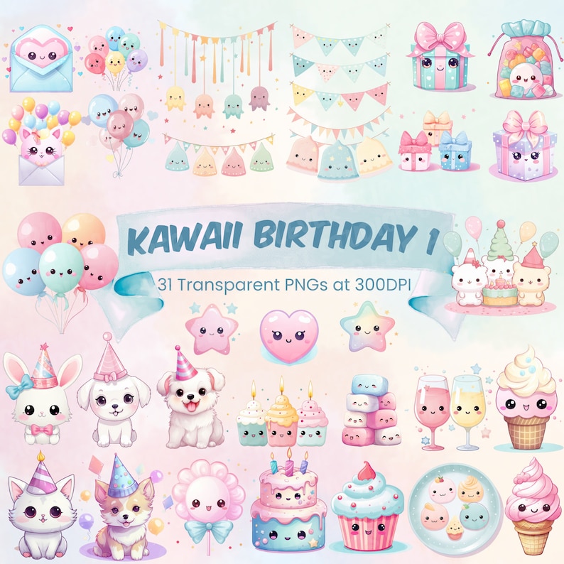 May include: A set of 31 kawaii birthday themed digital clipart images. The images include balloons, presents, cupcakes, animals, and other cute characters. The images are in a pastel colour palette and are perfect for creating birthday cards, invitations, and other party decorations.