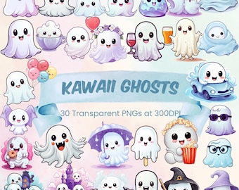 Kawaii Ghosts Cute Halloween Clipart Bundle Digital Halloween Kawaii Spooky Cute Halloween Ghost PNG Bundle Cute Kawaii Art for Ghost Lover