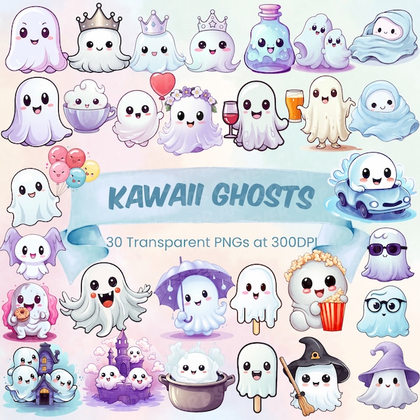 Kawaii Ghosts Cute Halloween Clipart Bundle Digital Halloween Kawaii Spooky Cute Halloween Ghost PNG Bundle Cute Kawaii Art for Ghost Lover