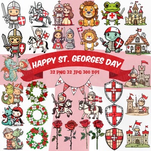 Paquete de imágenes prediseñadas del Día de San Jorge, lindo San Jorge, santo patrón de Inglaterra, paquete de imágenes PNG patrióticas, lindo dragón, castillo medieval, rosas, guirnalda, banderines