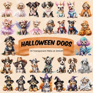 ハロウィーンの犬 水彩画 クリップアート ハロウィーン PNG 犬のセット かわいい犬のコスチューム カボチャ ゴースト 魔女 海賊 妖精 ゾンビ スーパーヒーロー ユニコーン 花嫁