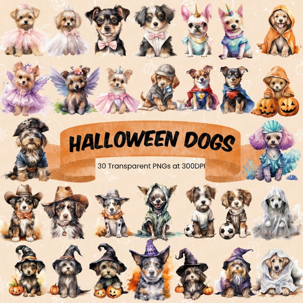 Perros de Halloween acuarela Clipart Halloween PNG Paquete de perros Perros lindos Traje Calabaza Fantasma Bruja Pirata Hada Zombi Superhéroe Unicornio Novia