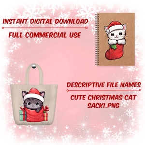 May include: A digital download of a cute Christmas cat design. The design features a cat wearing a Santa hat and peeking out of a red stocking. The design is perfect for creating festive crafts, cards, and other projects.