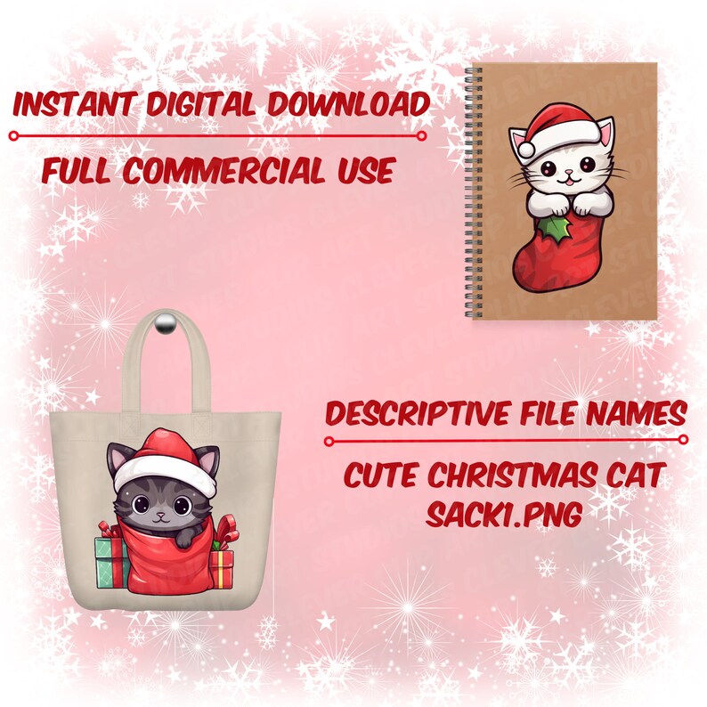 May include: A digital download of a cute Christmas cat design. The design features a cat wearing a Santa hat and peeking out of a red stocking. The design is perfect for creating festive crafts, cards, and other projects.
