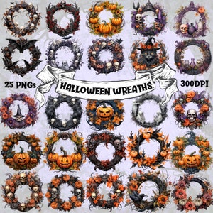 Corona de Halloween Clipart Espeluznante decoración imprimible Cráneo Corona PNG Paquete Halloween Temática Otoño Corona Otoño Calabaza Corona Sublimación