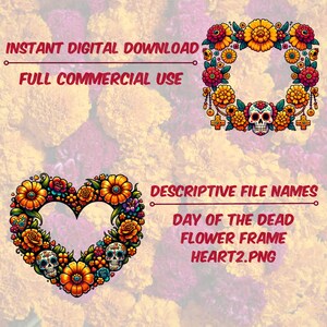 Cute Day Of The Dead Floral Frame Clipart Bundle Dia De Los Muertos Flower Frame PNG Traditional Mexican Halloween Frame Flower Border Frame image 7