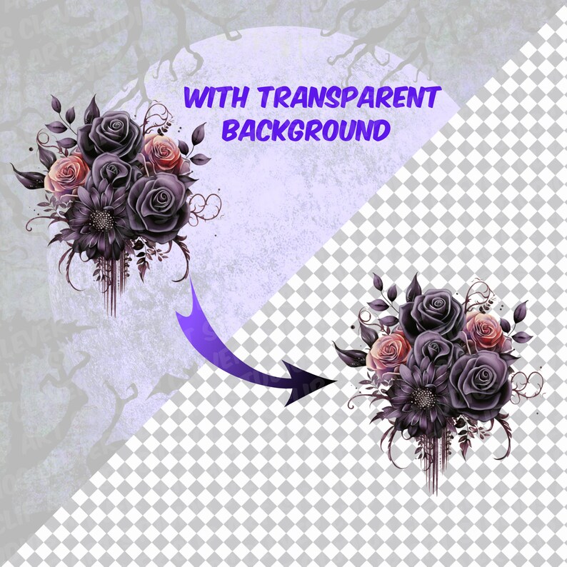 May include: A bouquet of dark purple and pink roses with black stems and leaves. The roses are arranged in a cluster with a large, dark purple flower in the center. The background is transparent.