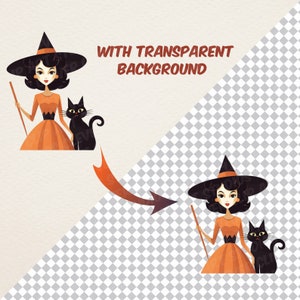 Puede incluir: Una ilustraci&oacute;n de dibujos animados de una bruja con un sombrero negro y un vestido naranja sosteniendo una escoba y un gato negro. El fondo es transparente.