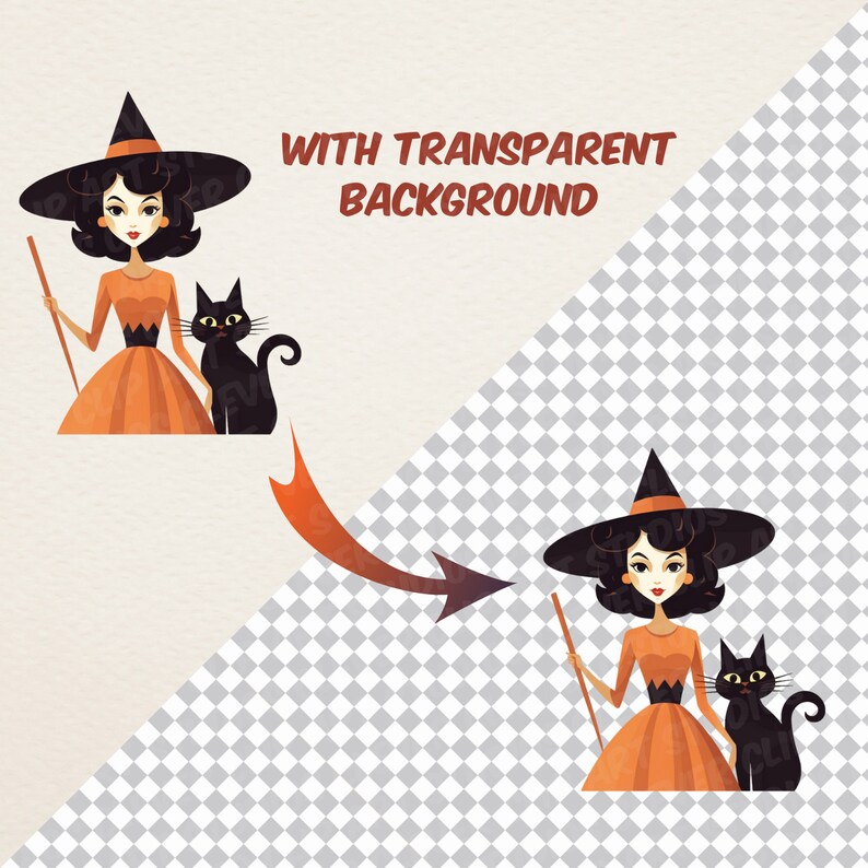 Puede incluir: Una ilustraci&oacute;n de dibujos animados de una bruja con un sombrero negro y un vestido naranja sosteniendo una escoba y un gato negro. El fondo es transparente.
