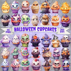 Spettrale carino Halloween cupcakes Clipart PNG Bundle carino Kawaii Halloween torta Clipart trasparente PNG spettrale dolcetti stampabile pastello cupcakes